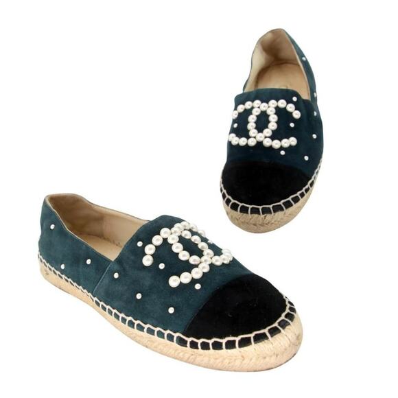 Chanel Espadrille 37 Suede Faux Leather Pearl Cc Flats CC-0712N-0015 - Picture 1 of 11